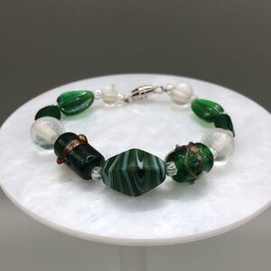 Vintage green Venetian art glass mix beads bracelet boho festival free spirit.